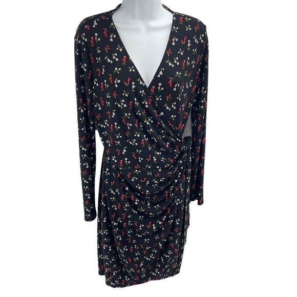 Lark & Ro Black floral long sleeve true wrap dress large dainty floral flowers m - Picture 3 of 16